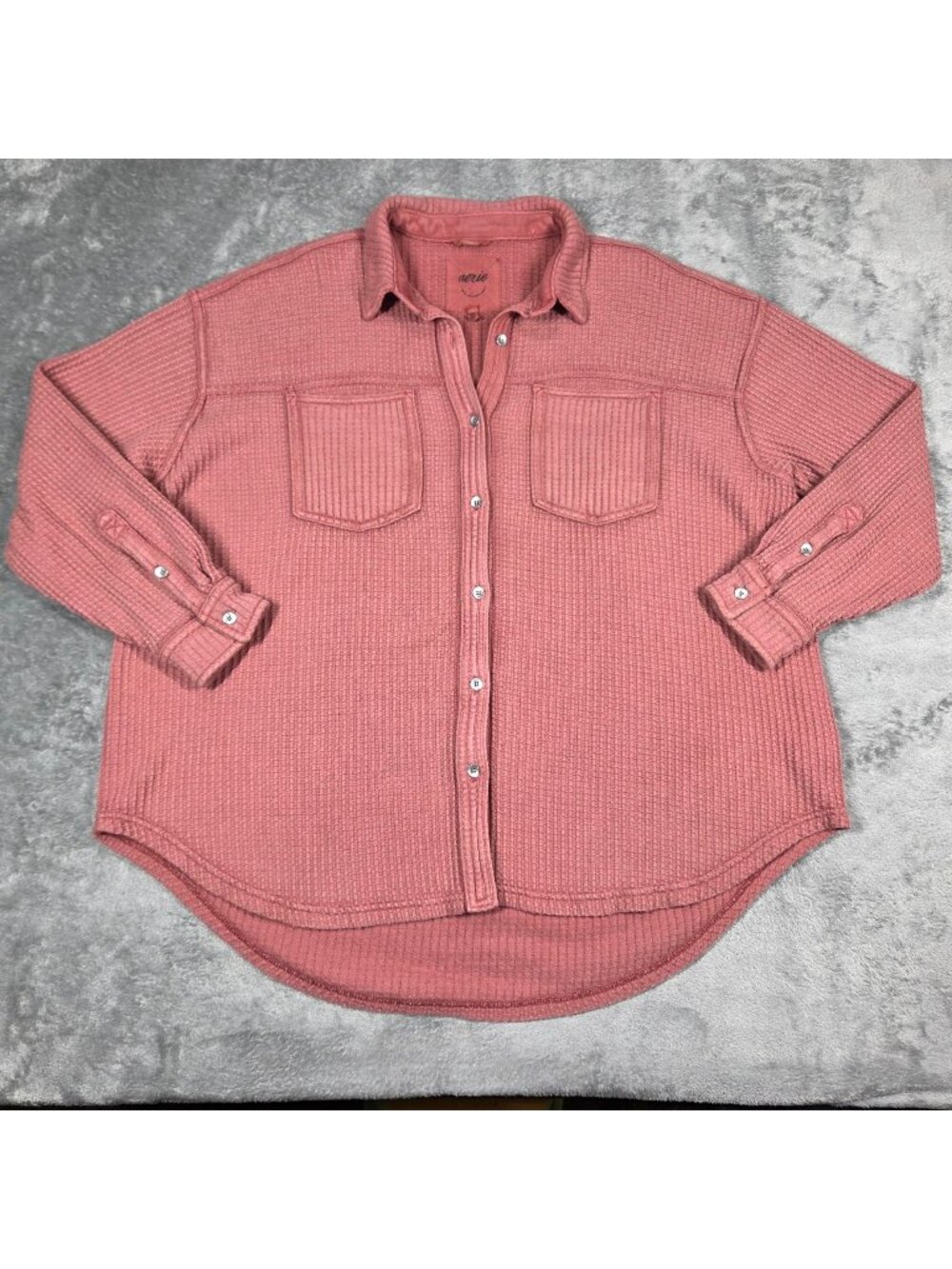 Aerie Top Womens Medium Mauve Anytime Fave Cozy Waffle Knit Oversized Button Up